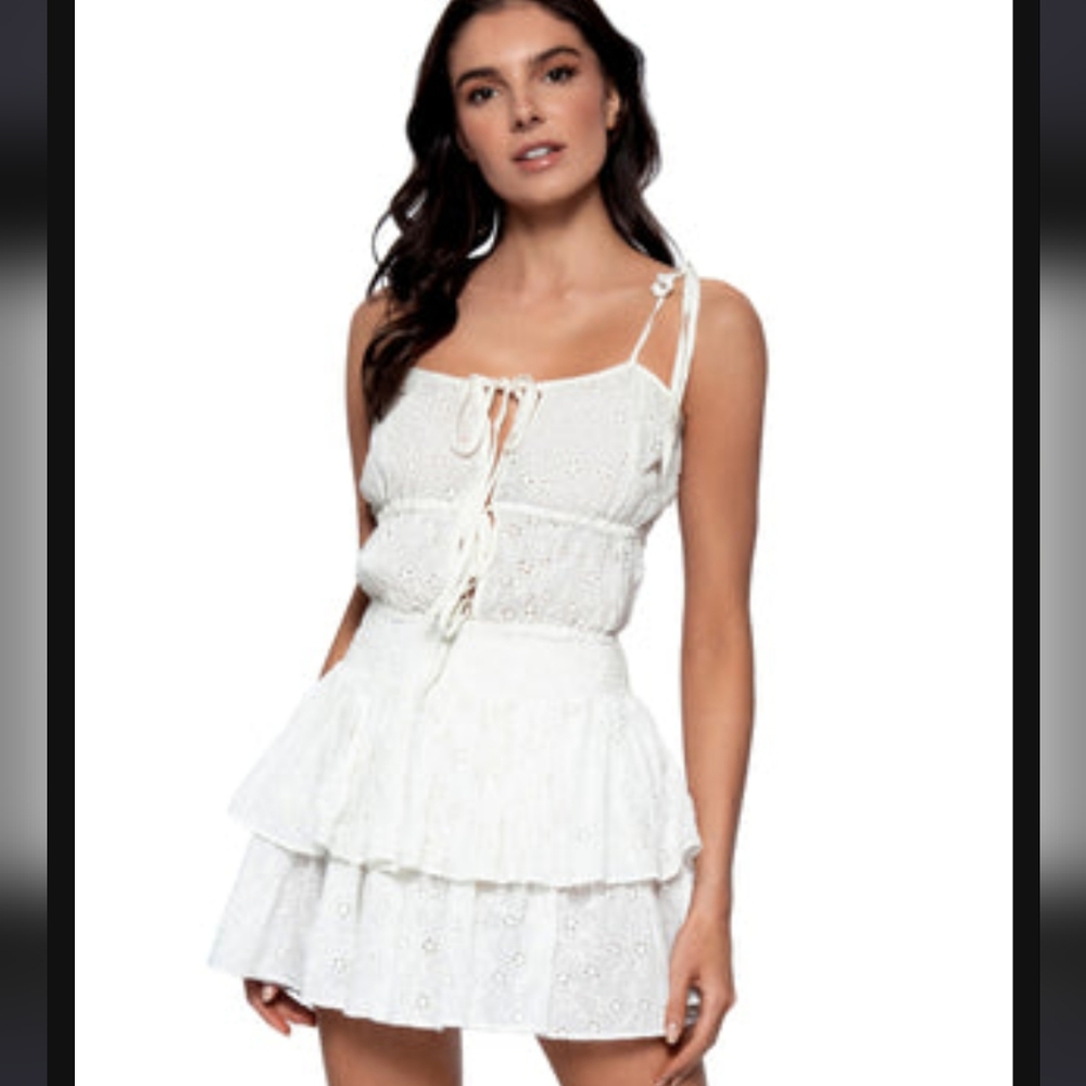 PQ Womens Cotton Eyelet Lace Lightweight Tiered Micro Mini Skirt White M/L $120